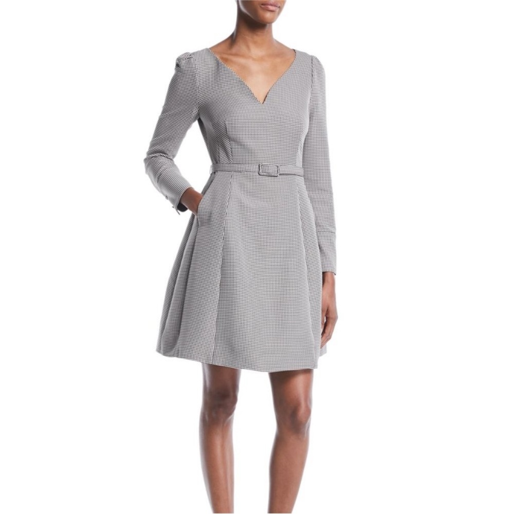 CO Houndstooth Plaid Belted V-Neck A-Line Dress Preppy Black